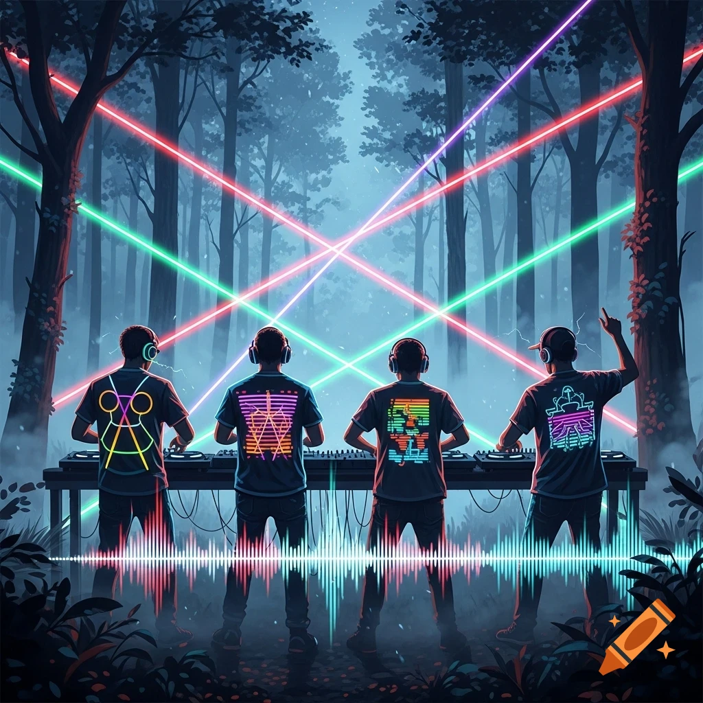 Four DJs with headphones perform from behind at a night forest rave, lit by neon lasers and an equalizer visual.