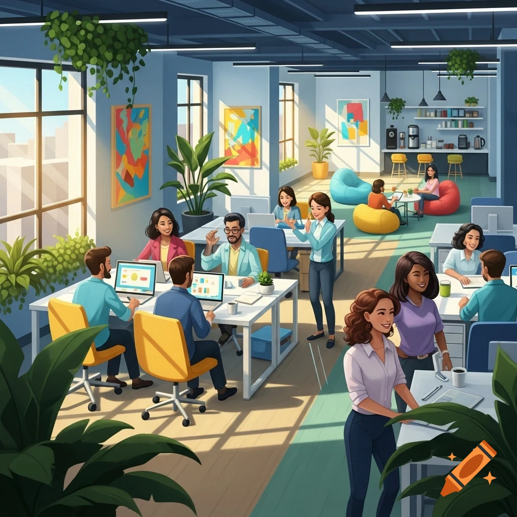 A vibrant, modern open-plan office with diverse employees working, collaborating, and relaxing, filled with plants and natural light.
