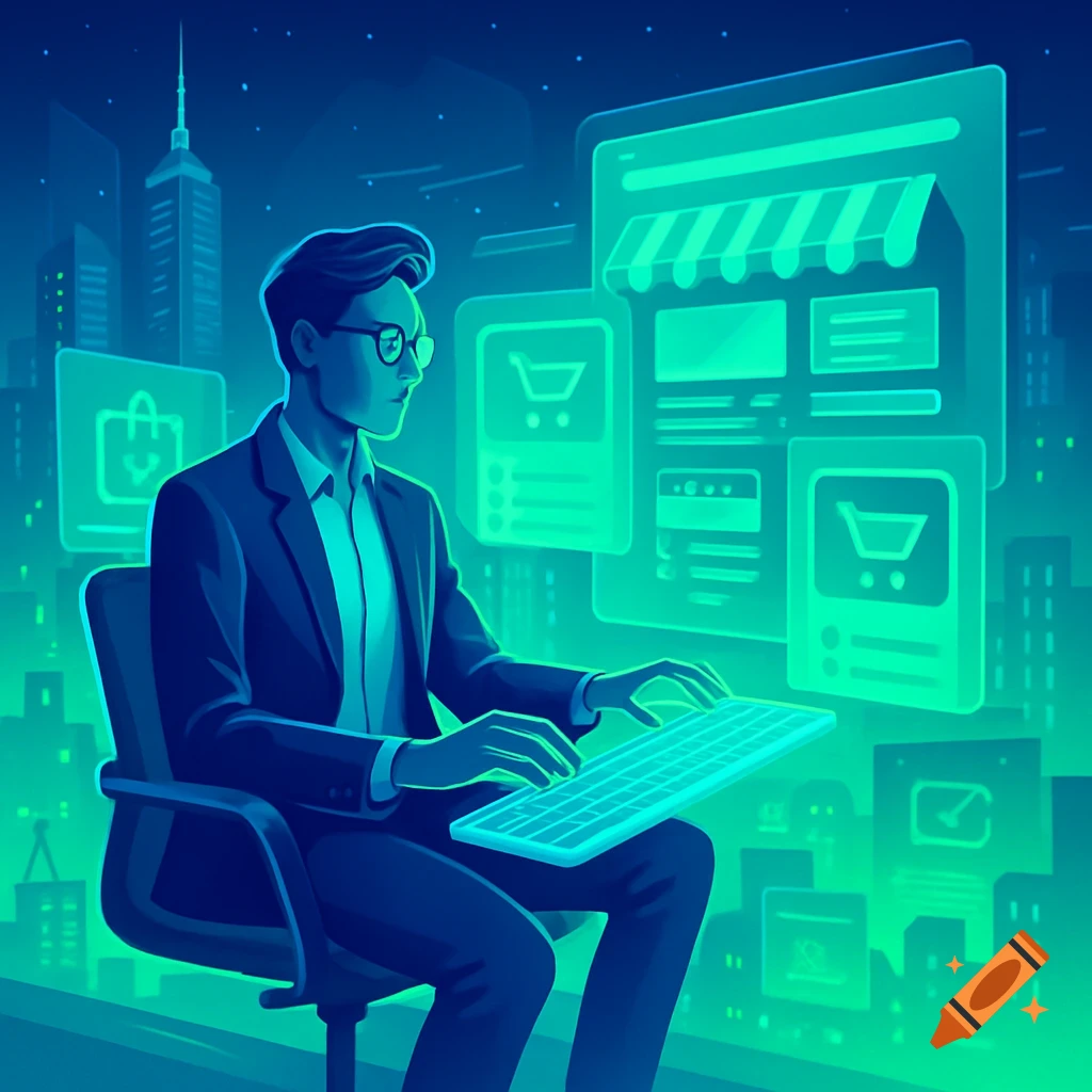 A digital illustration of a man in glasses and a suit typing on a keyboard, surrounded by glowing e-commerce interfaces and a futuristic city skyline.
