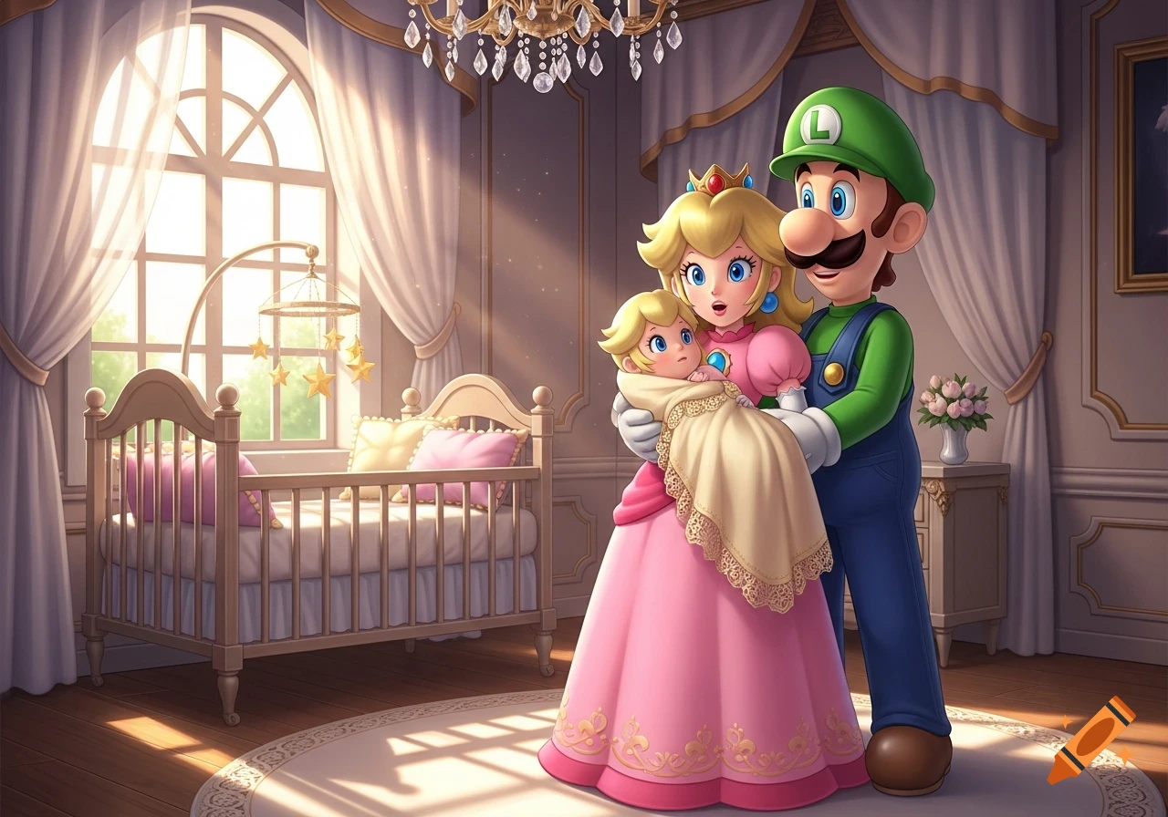 Luigi and Princess Peach holding baby Peach in a lavish nursery, stylized cartoon.