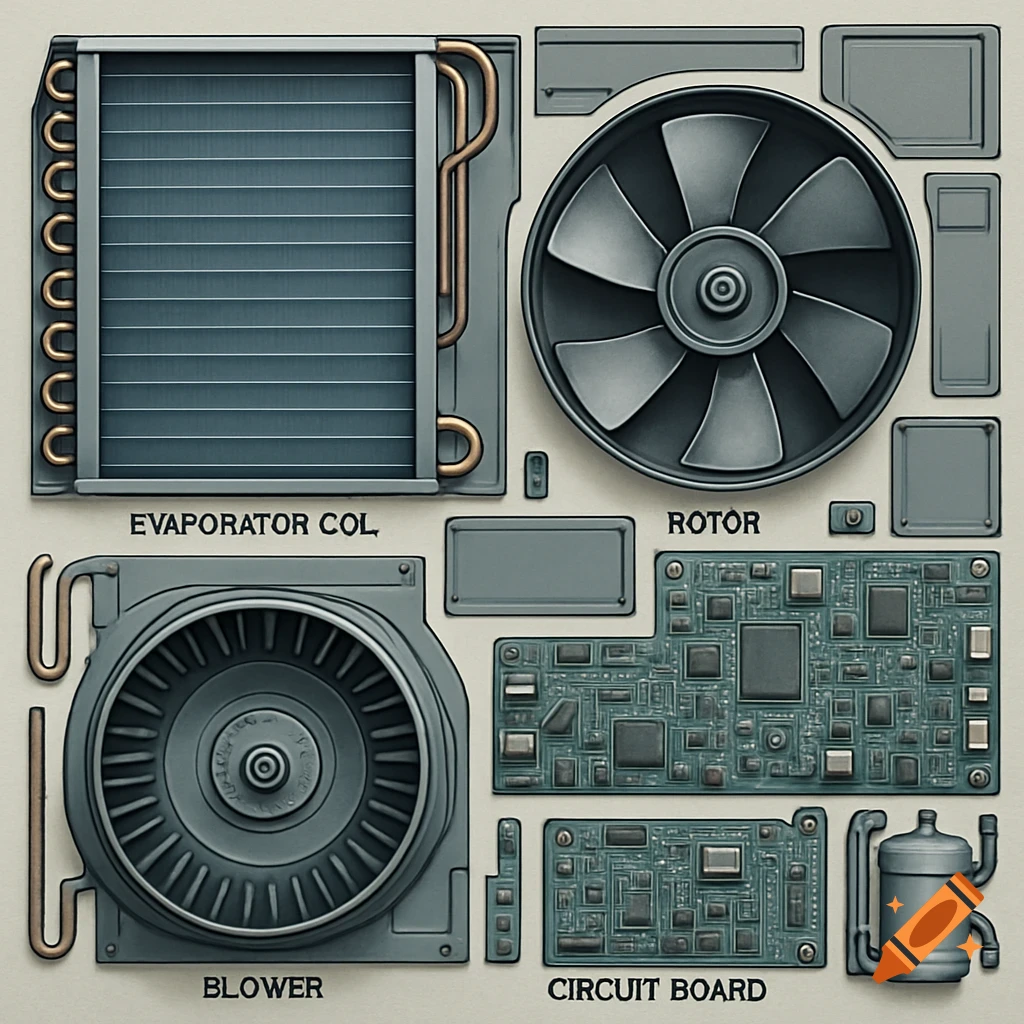 A technical diagram of air conditioning unit components, including an evaporator, rotor, blower, and circuit board, on a light background.