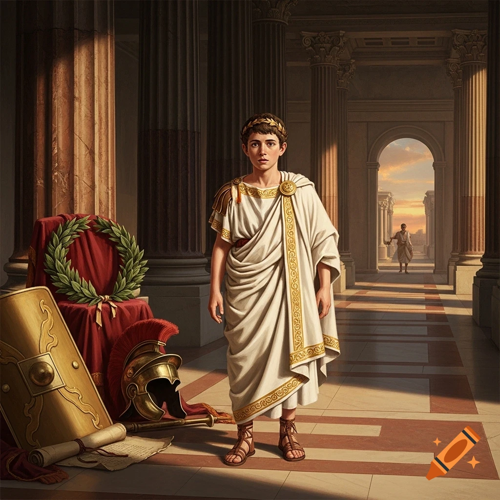 Young boy in a white toga and golden laurel wreath stands among grand Roman columns with artifacts like a shield and helmet nearby.