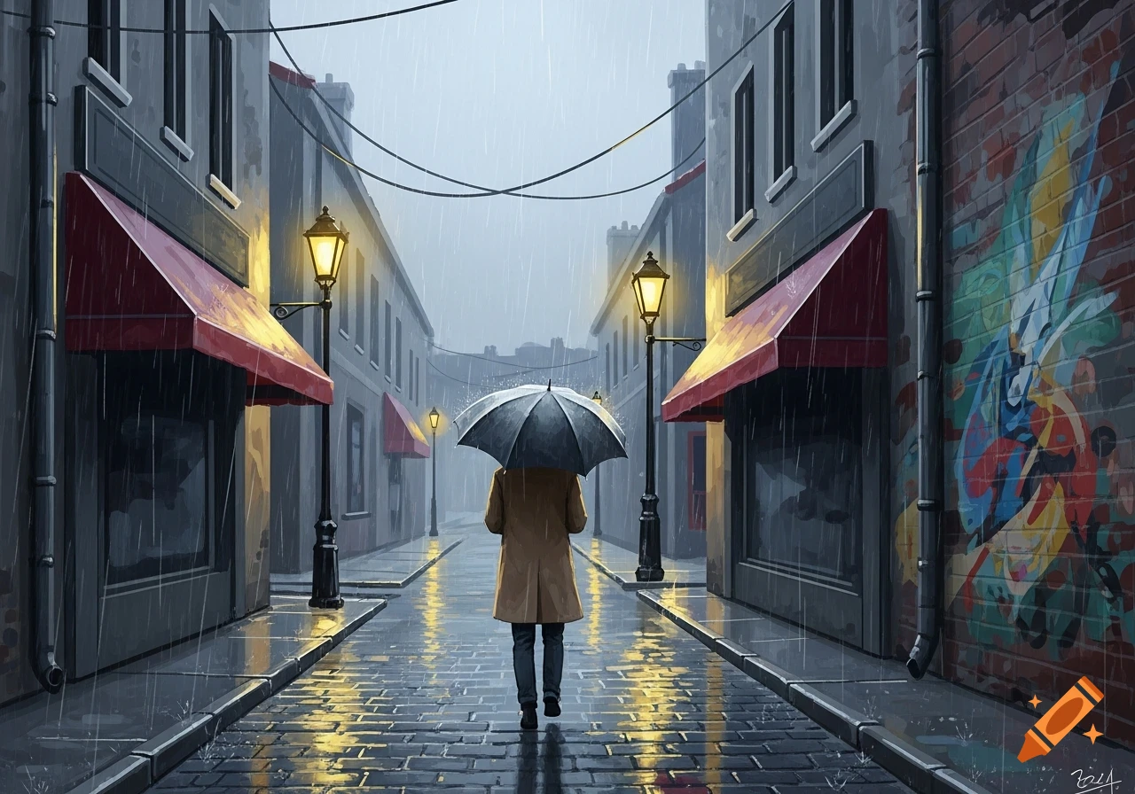 A person with an umbrella walks down a wet cobblestone street in a rainy city, illuminated by glowing streetlights and featuring a colorful graffiti wall, in a painterly style.