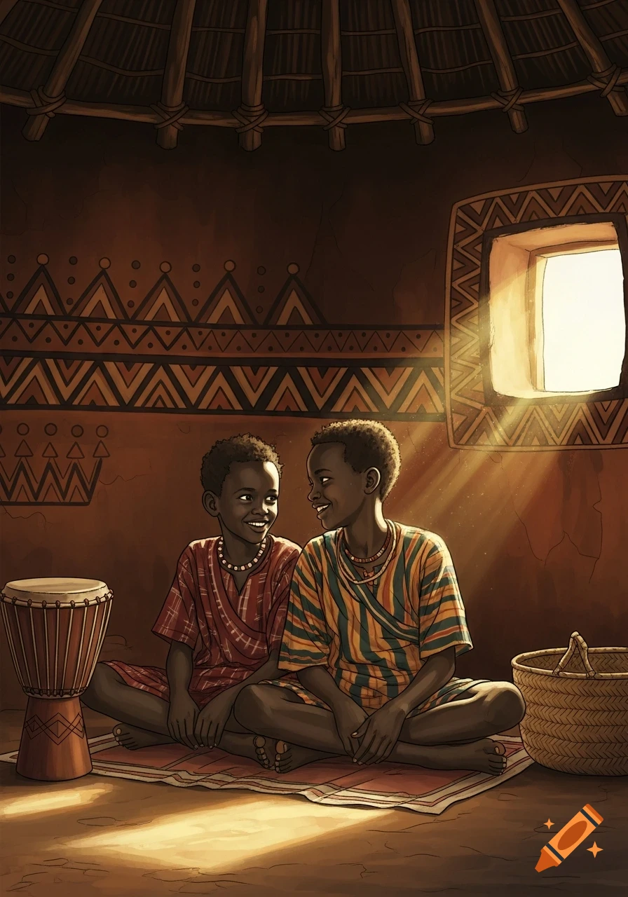 Two smiling Southern Sudanese boys in traditional clothing sit on a mat inside a decorated hut with a drum and basket, sun rays streaming through a window. Illustration.