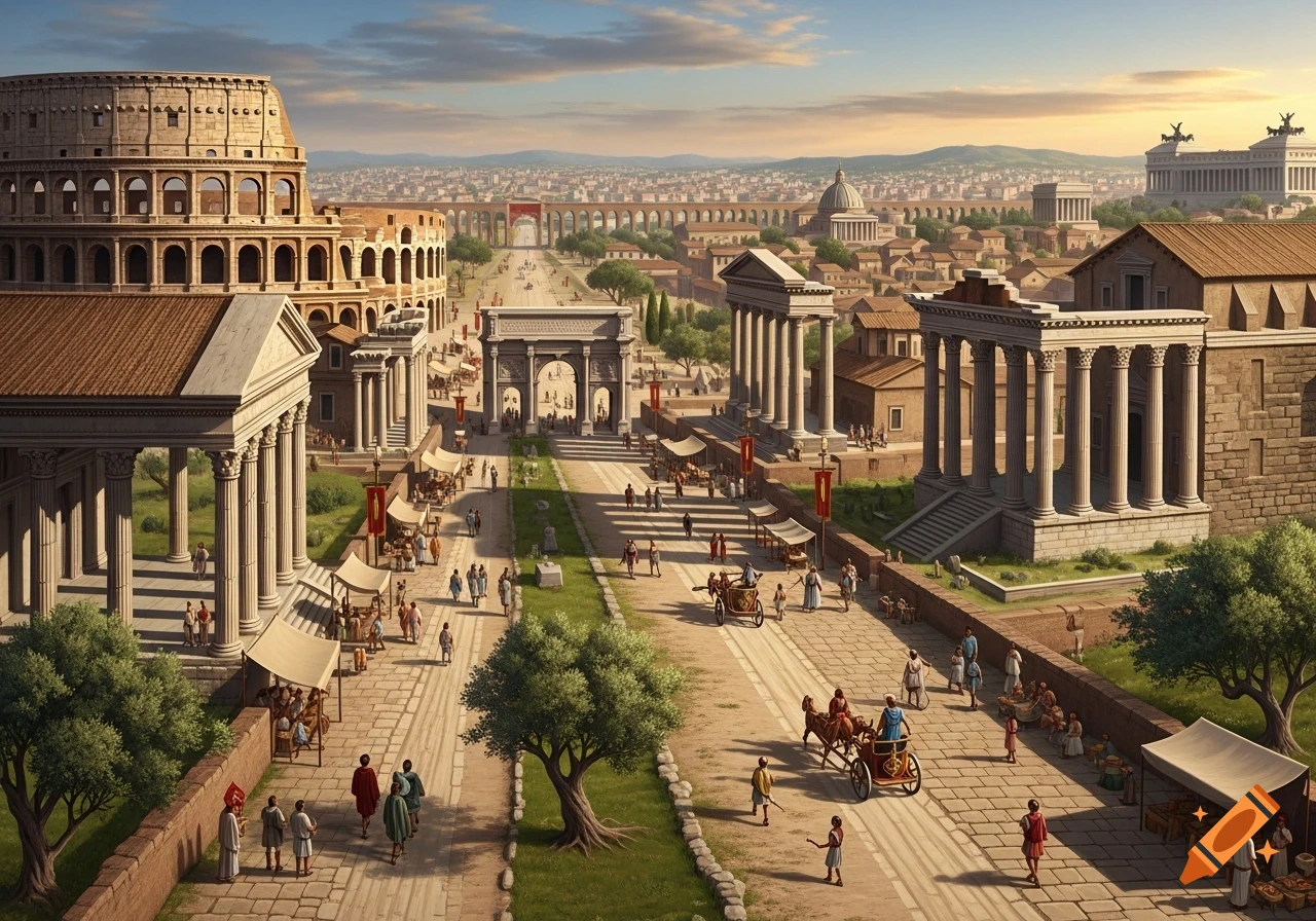 Panoramic view of a bustling ancient Roman city with the Colosseum, temples, aqueduct, arches, and many people.