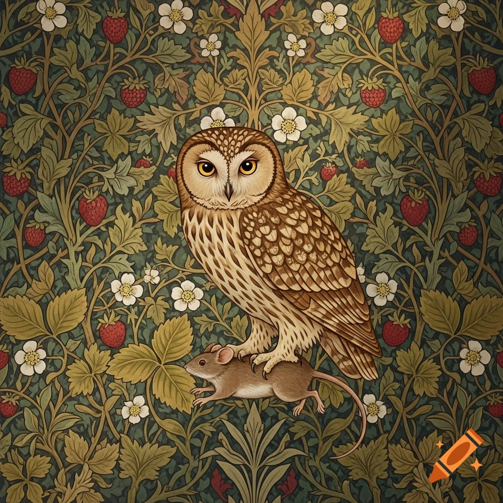 An owl standing on a mouse, surrounded by a detailed dark green botanical pattern with strawberries and white flowers, in the style of William Morris.