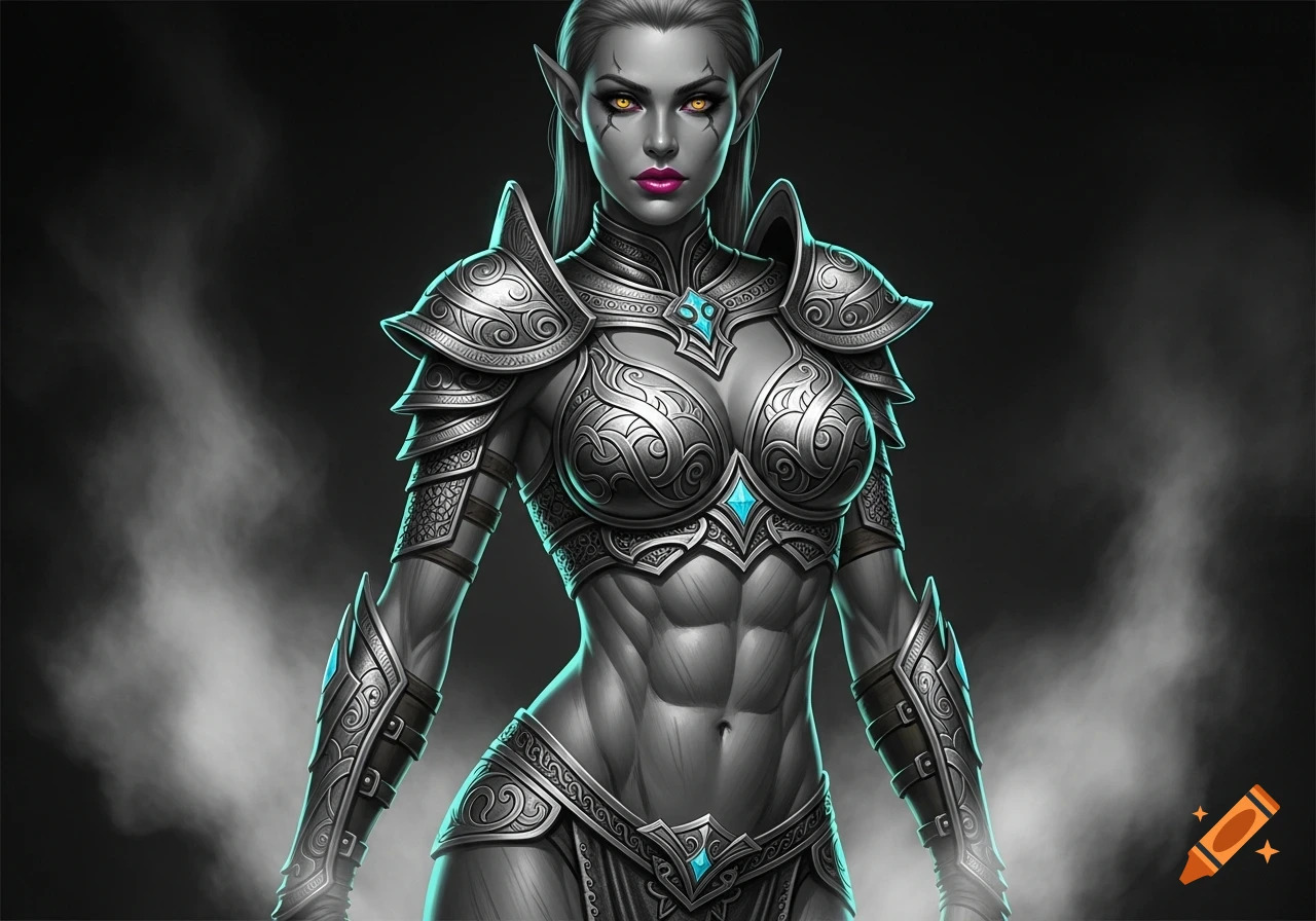 A grey-skinned dark elf warrior with yellow eyes and pink lipstick, wearing ornate silver armor with blue accents, flexing abs against a smoky background.