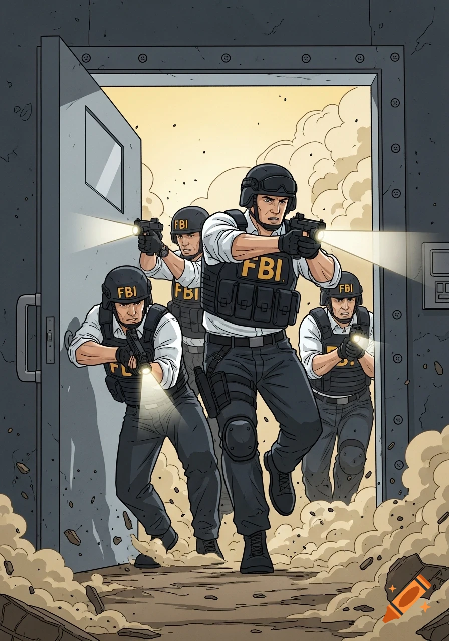 Heavily geared FBI agents burst through a door amidst smoke and dust, rendered in a graphic novel style.