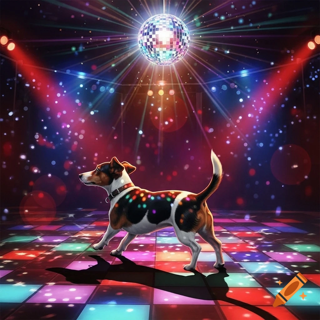 A Jack Russell Dachshund mix dog walks on a colorful disco dance floor under a glittering disco ball and vibrant lights.