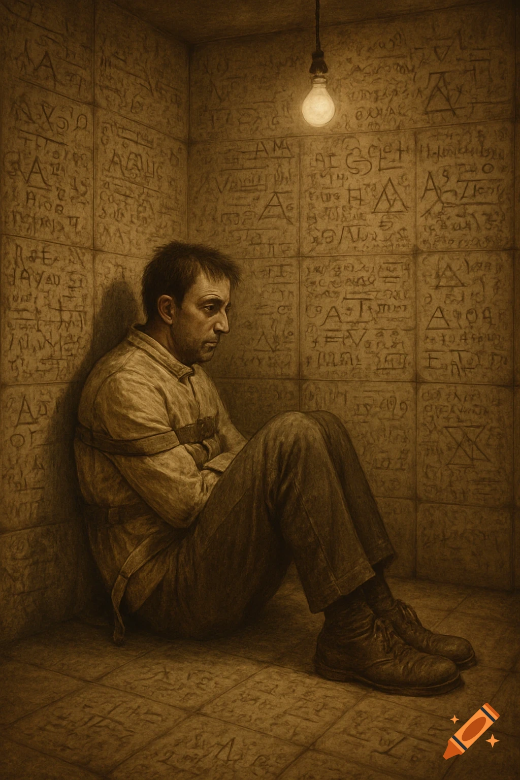 Vintage-style sepia image of a man in a straitjacket sitting in a padded cell with cryptic writing on the walls.