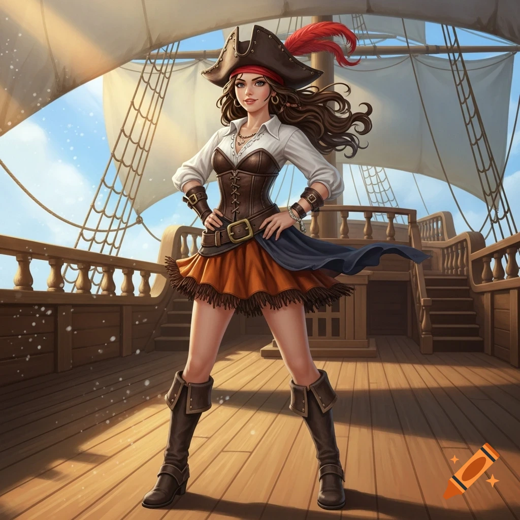 A smiling pirate girl with brown hair in a hat, white shirt, corset, and short skirt, stands on a ship deck.