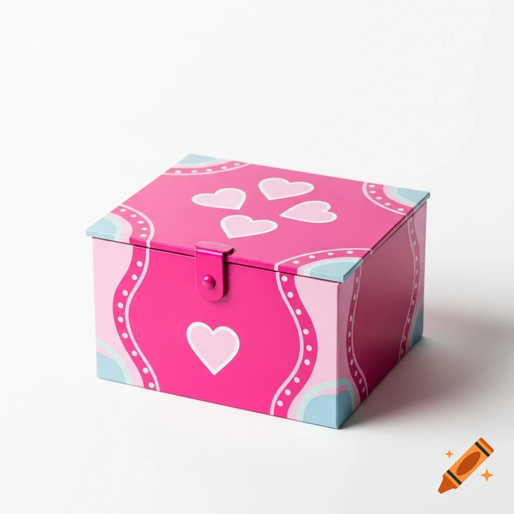 A pink decorative box adorned with light pink heart shapes and light blue accents, set against a white background.