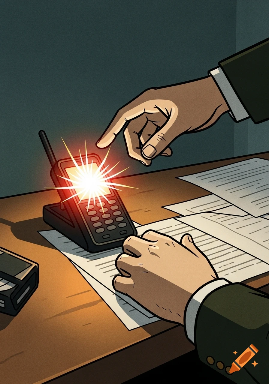Two hands reaching for a retro cell phone flashing brightly on a desk with papers, in a graphic novel style.