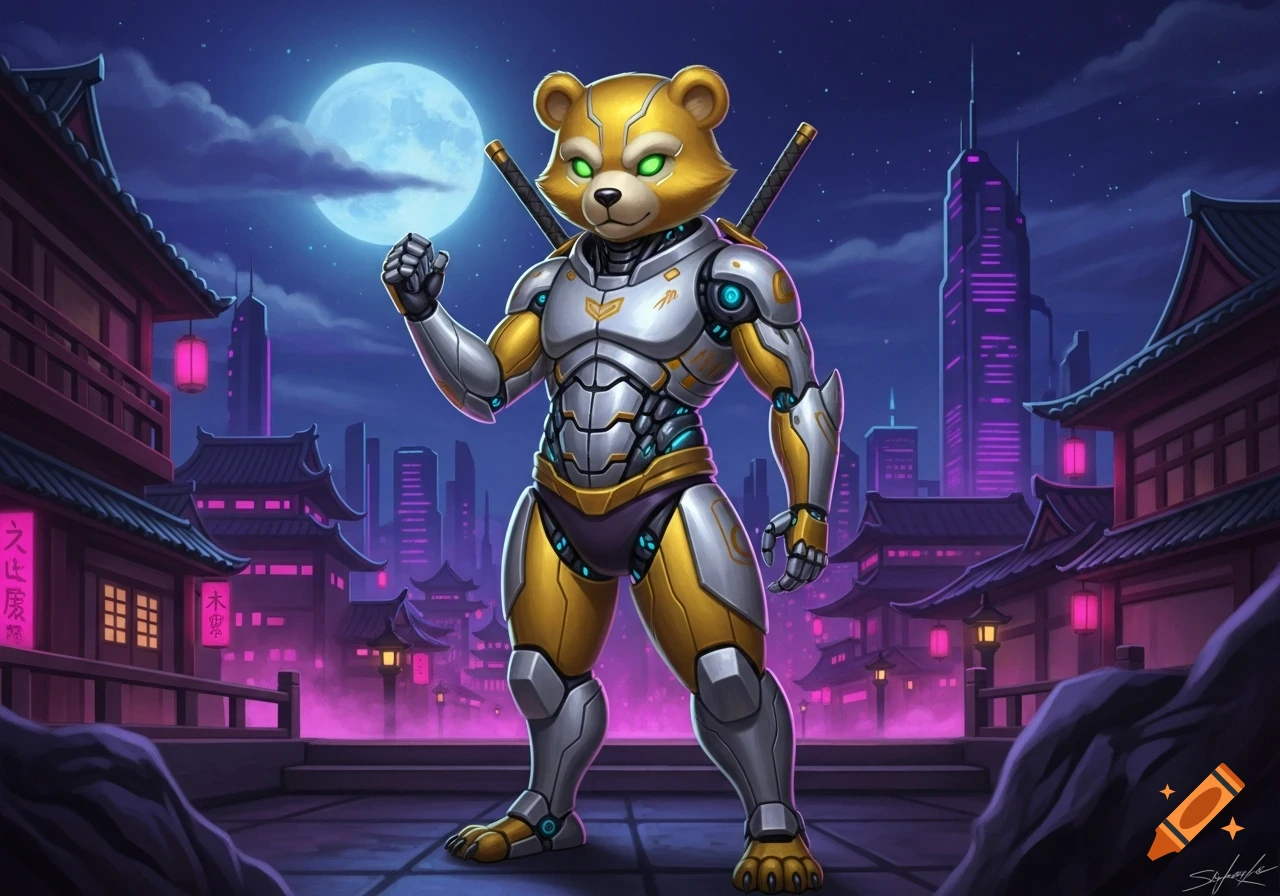 A gold and silver robot bear ninja with green eyes and katanas stands in a futuristic city with traditional Asian architecture under a full moon.