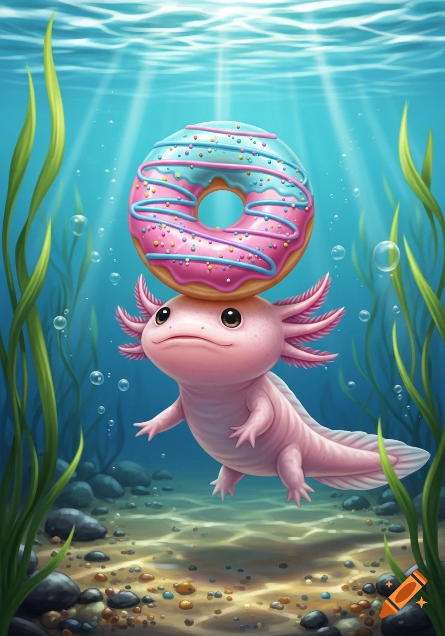 A cute pink axolotl swims underwater with a colorful donut balanced on its head, surrounded by green plants and light rays.