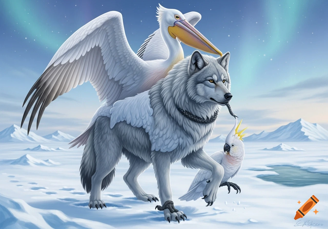 A fantasy hybrid white wolf with pelican wings and snake-like fangs walks through a snowy arctic landscape with a cockatoo, under an aurora borealis sky.