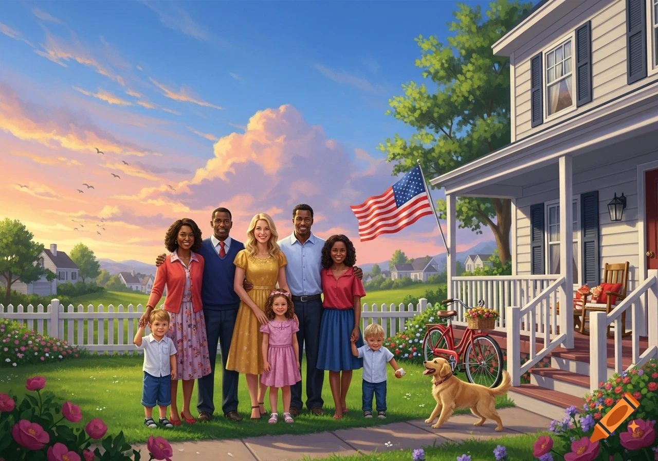 A diverse family stands smiling in front of an idyllic white house with an American flag, picket fence, garden, and a golden retriever.