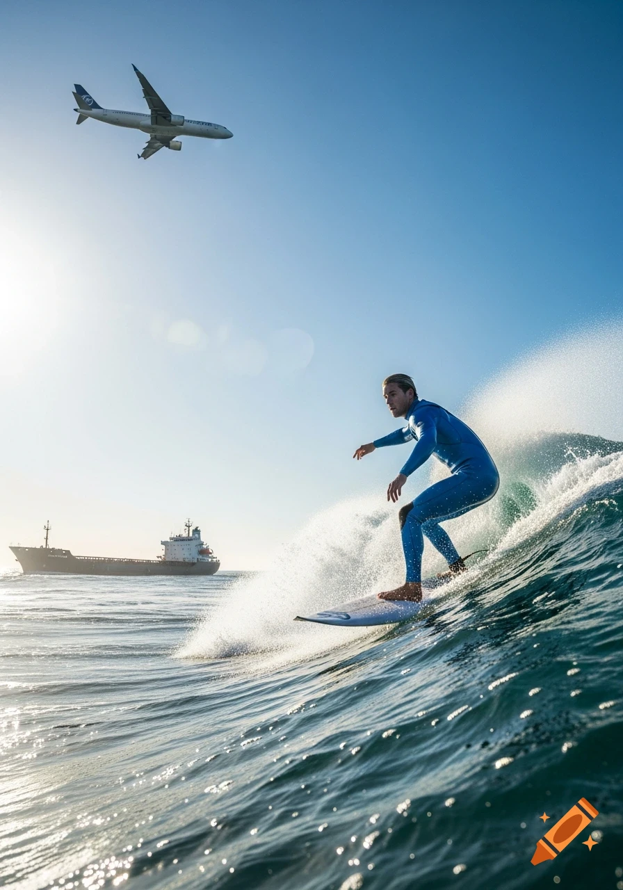 A man in a blue wetsuit surfs a wave on the ocean, with a large ship in the background and an airplane flying overhead under a bright blue sky. Photorealistic.
