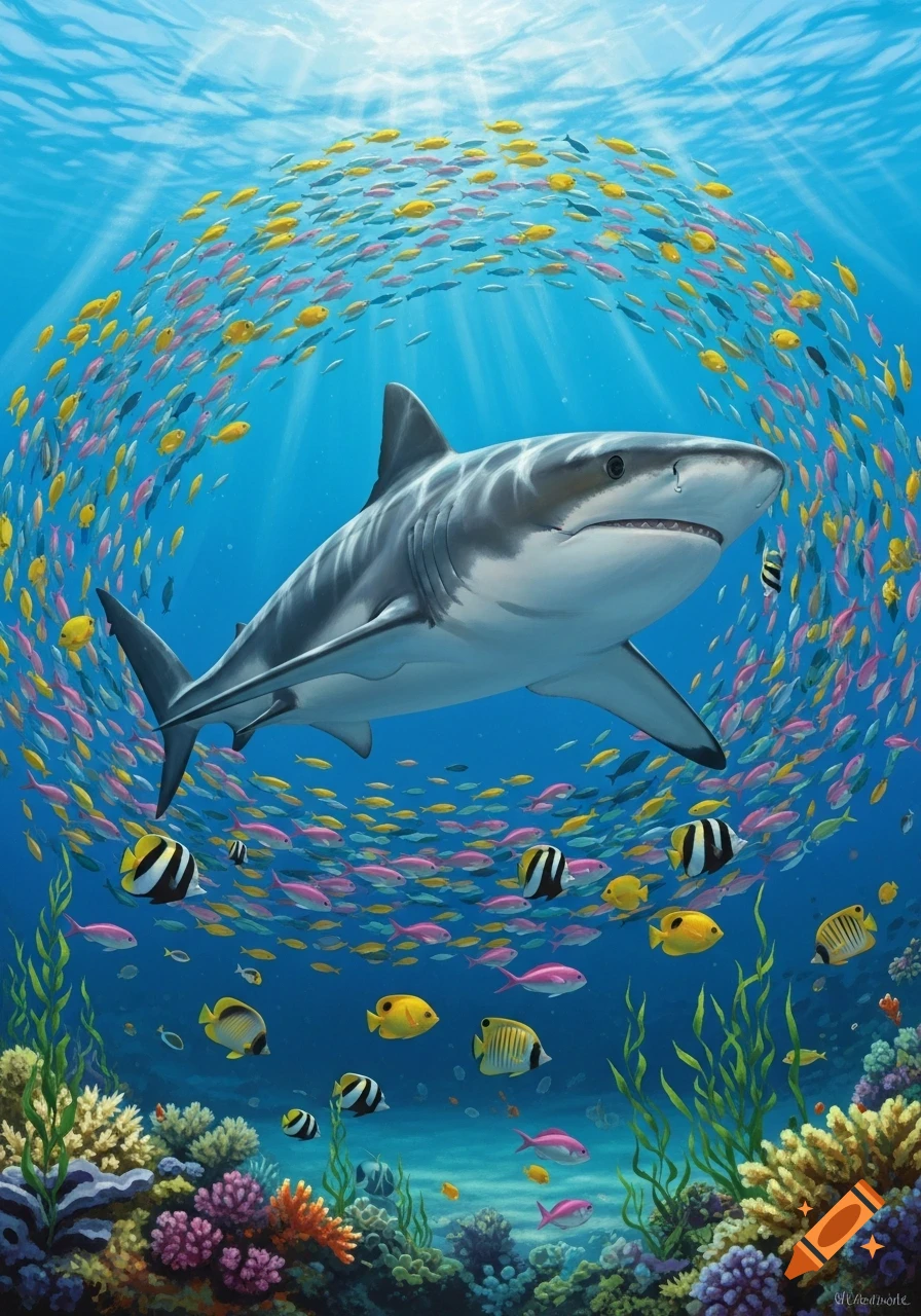 A great white shark swims through a swirling school of colorful fish above a vibrant coral reef, with sunbeams piercing the clear blue water.