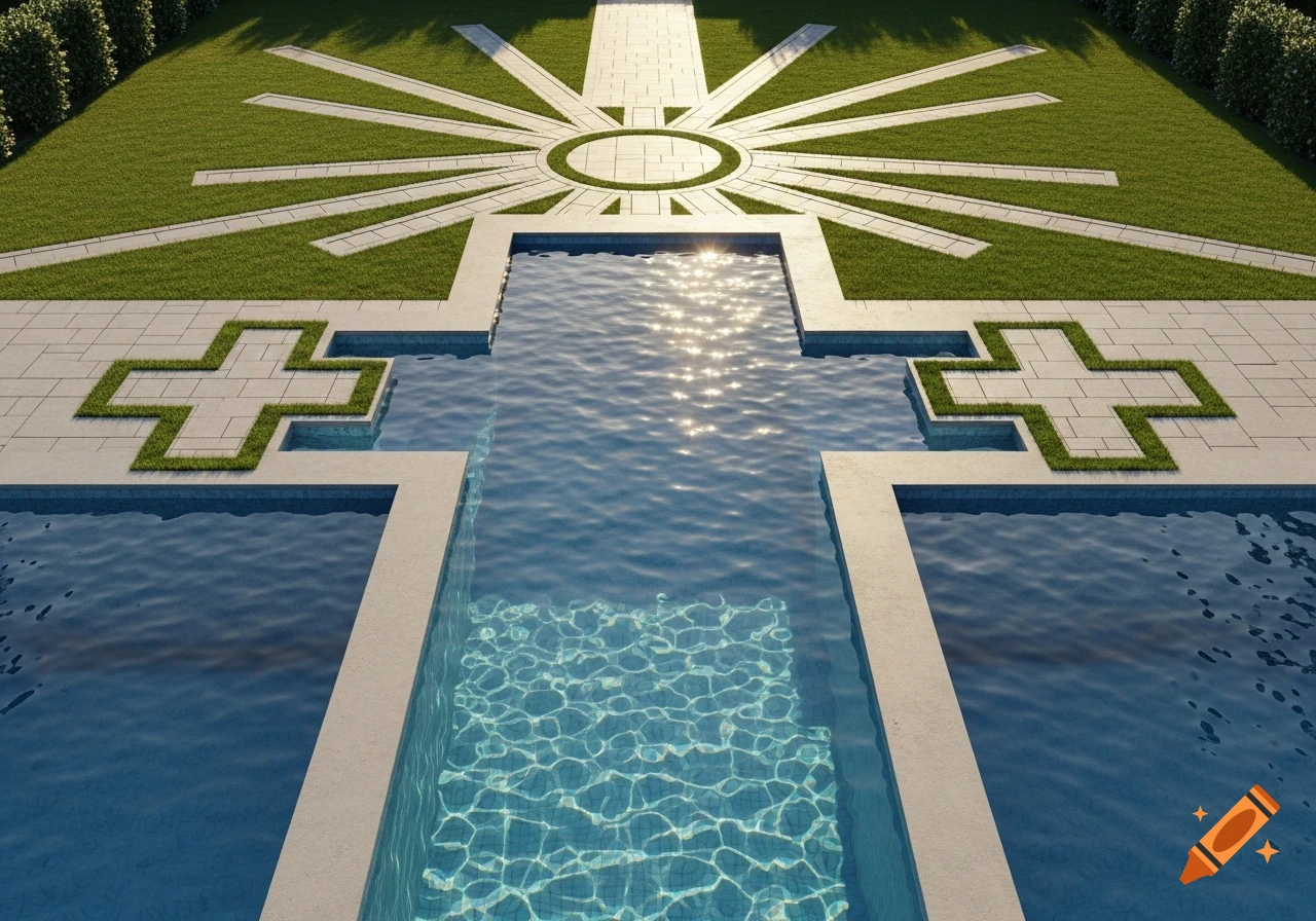 Photorealistic aerial view of a cross-shaped swimming pool surrounded by a garden with paver crosses and a sunburst pattern.