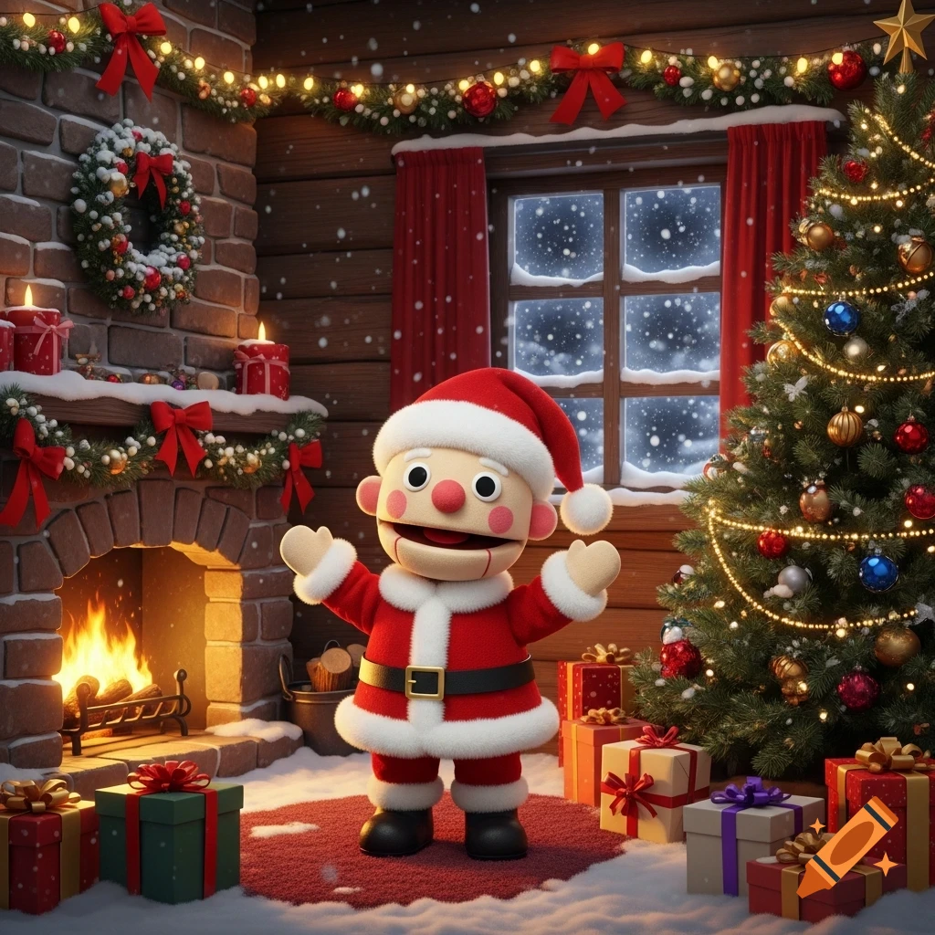 A cheerful puppet dressed as Santa Claus stands in a festive room with a decorated Christmas tree, fireplace, and presents, as snow falls outside a window.
