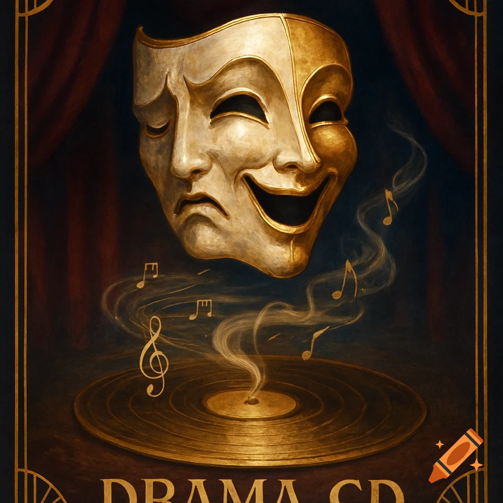 A golden theatrical comedy and tragedy mask floats above a golden vinyl record, surrounded by musical notes and smoke, against a dark background with red curtains and a gold art deco border, styled as a 'Drama CD' cover.