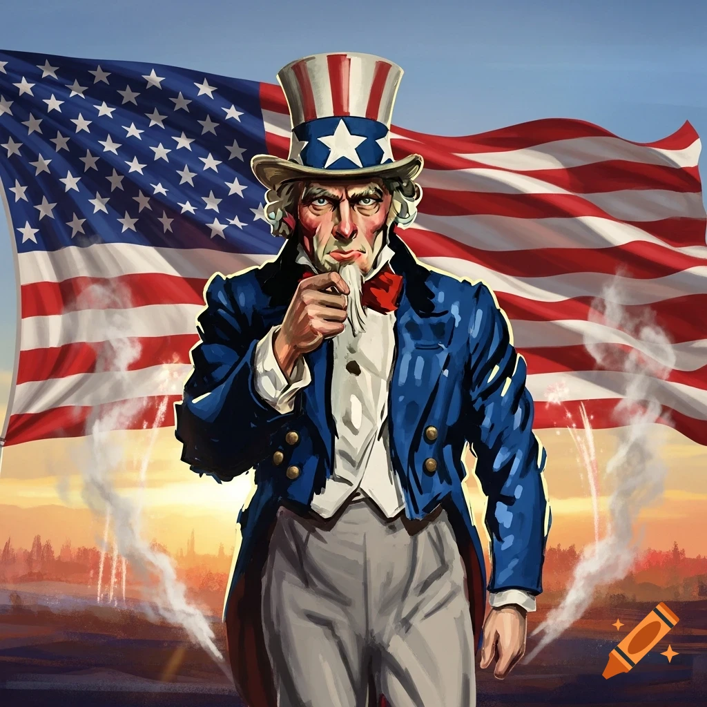 An illustration of Uncle Sam wearing a top hat and suit, pointing with a serious expression, in front of a waving American flag at sunset.