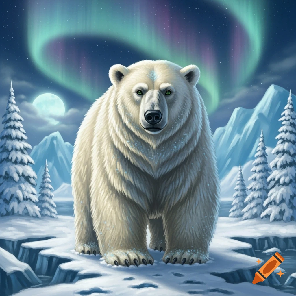 A majestic polar bear stands on snowy ice floes under a vibrant green and purple aurora borealis and a full moon.