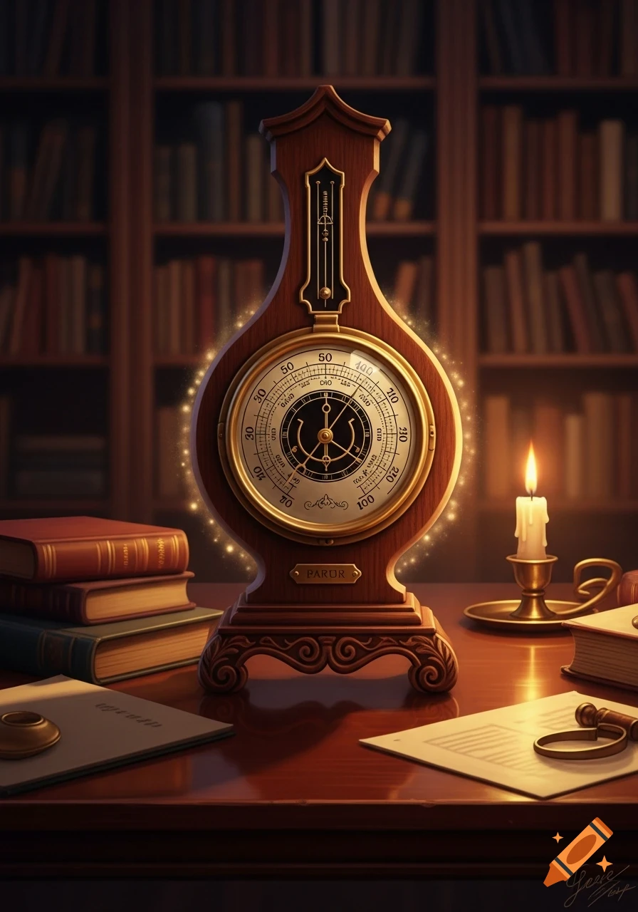 An antique wooden barometer with a brass dial sits on a polished wooden desk, surrounded by stacks of old books and a lit candle. Glowing particles emanate from the barometer, set against a blurred background of library bookshelves.