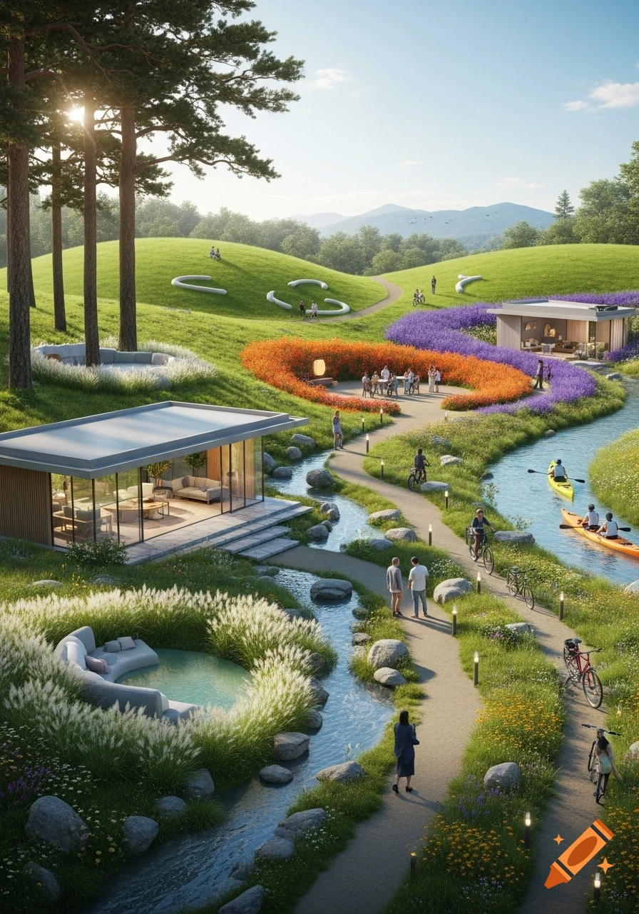 A vibrant landscape with modern architecture, green hills, a winding stream, and colorful flowerbeds. People bike, kayak, and relax in outdoor seating areas.