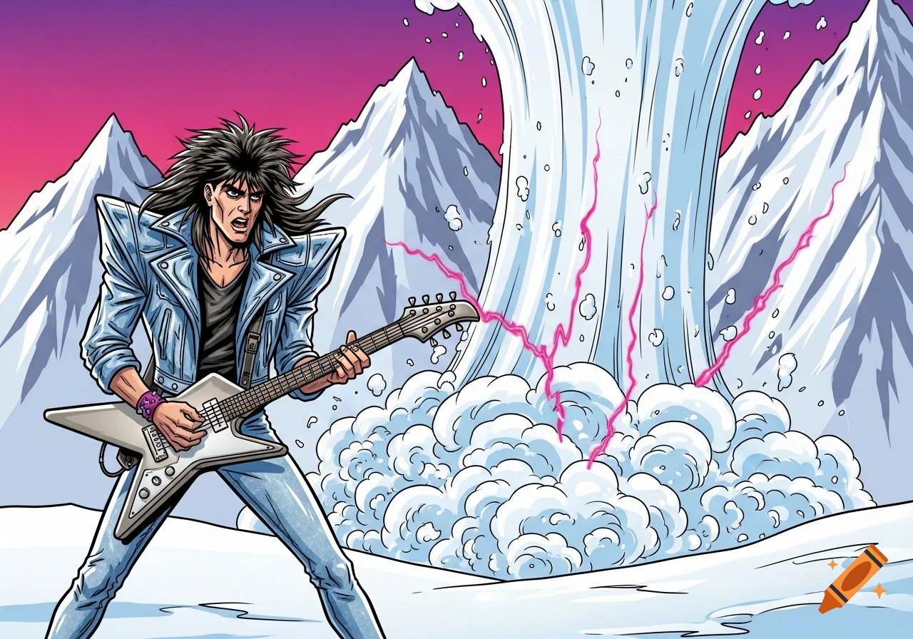 A 1980s cartoon rockstar with spiky hair plays an electric guitar in a snowy mountain landscape as an avalanche erupts behind him.