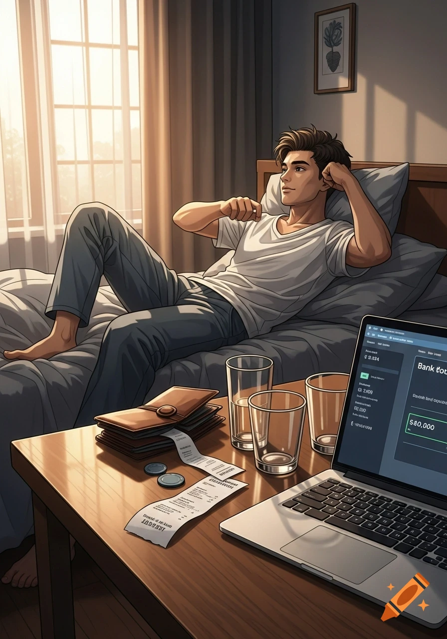 An anime-style man in a t-shirt and pants relaxes on a bed, gazing thoughtfully. A laptop with a bank screen, receipts, and a wallet are on a table nearby.