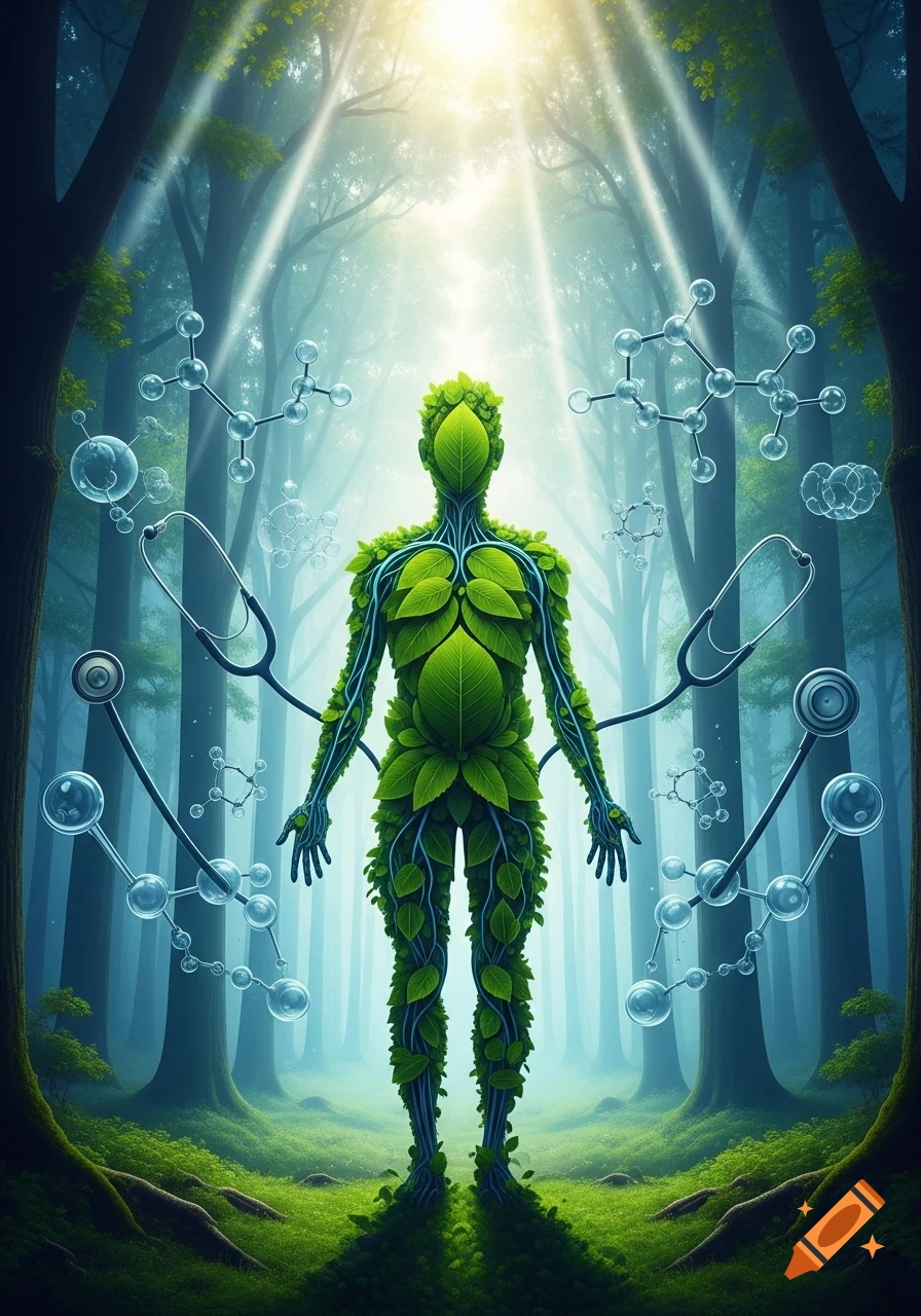 A symbolic human-like figure made of leaves and roots stands in a sunlit forest, surrounded by floating molecular structures and stethoscopes.