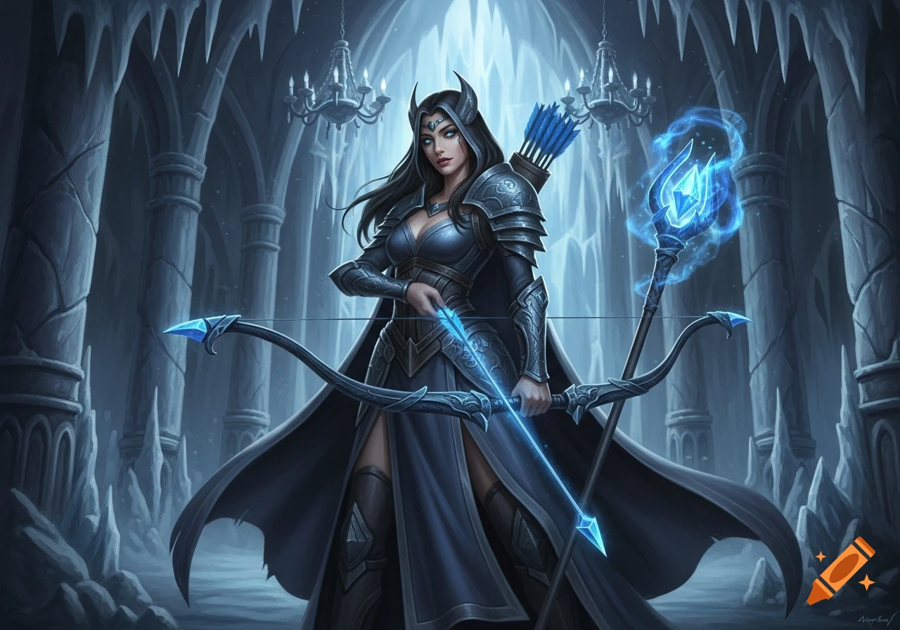 A fantasy woman in dark armor holding a glowing crystal bow and staff, standing in an icy castle. Digital art.