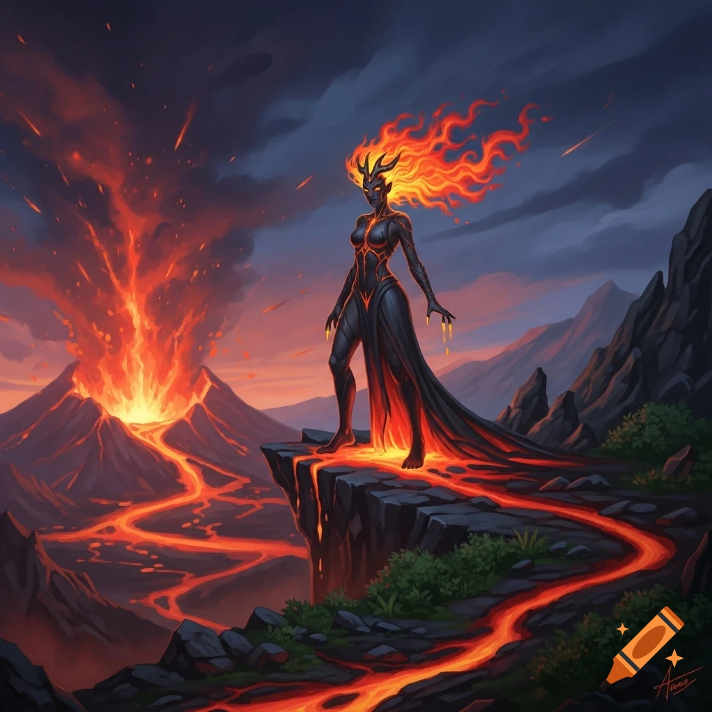 A fantasy lava elemental woman with fiery hair stands on a cliff, overlooking a volcanic eruption with molten lava rivers.