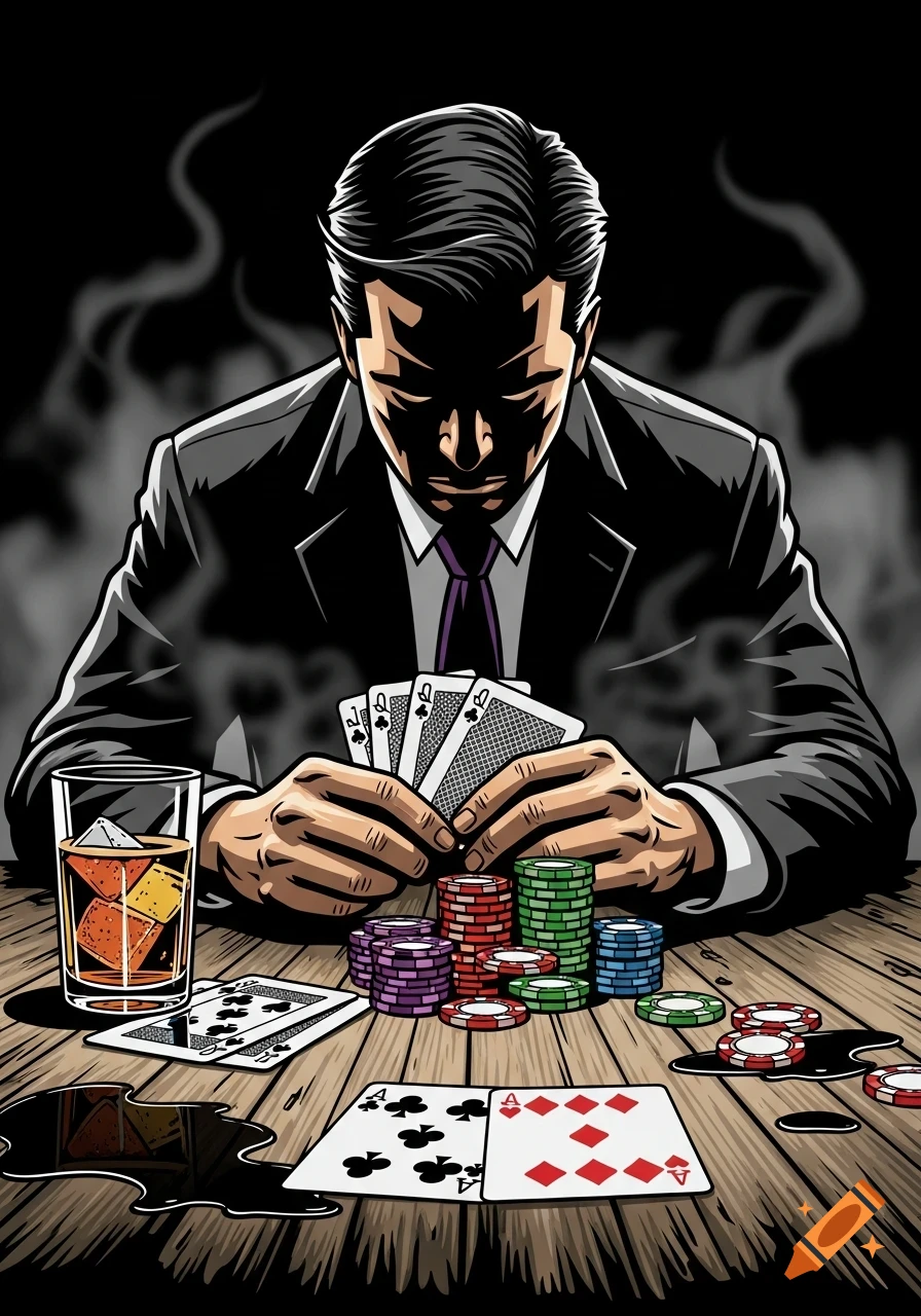 An illustration in graphic novel style shows a man in a suit playing poker at a grimy table with spilled drinks, holding cards, surrounded by chips, and an intense look on his shadowed face.