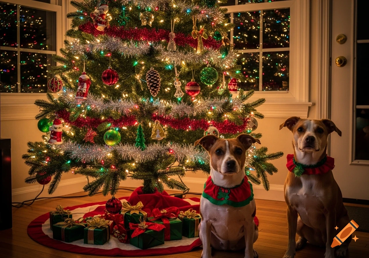 Two dogs wearing festive collars sit in front of a brightly lit and ...