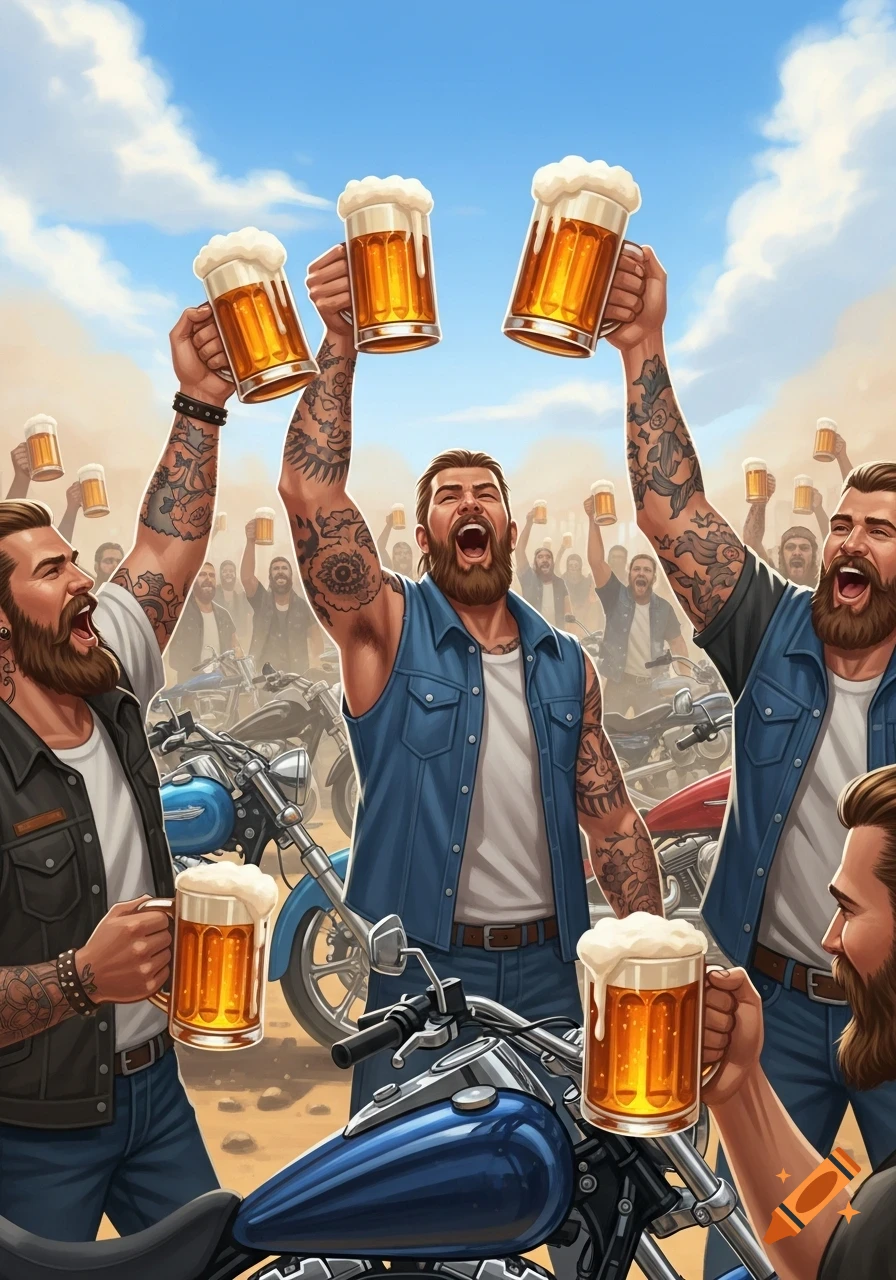 A group of bearded men with tattoos cheer enthusiastically, holding up beer mugs among motorcycles under a bright sky.