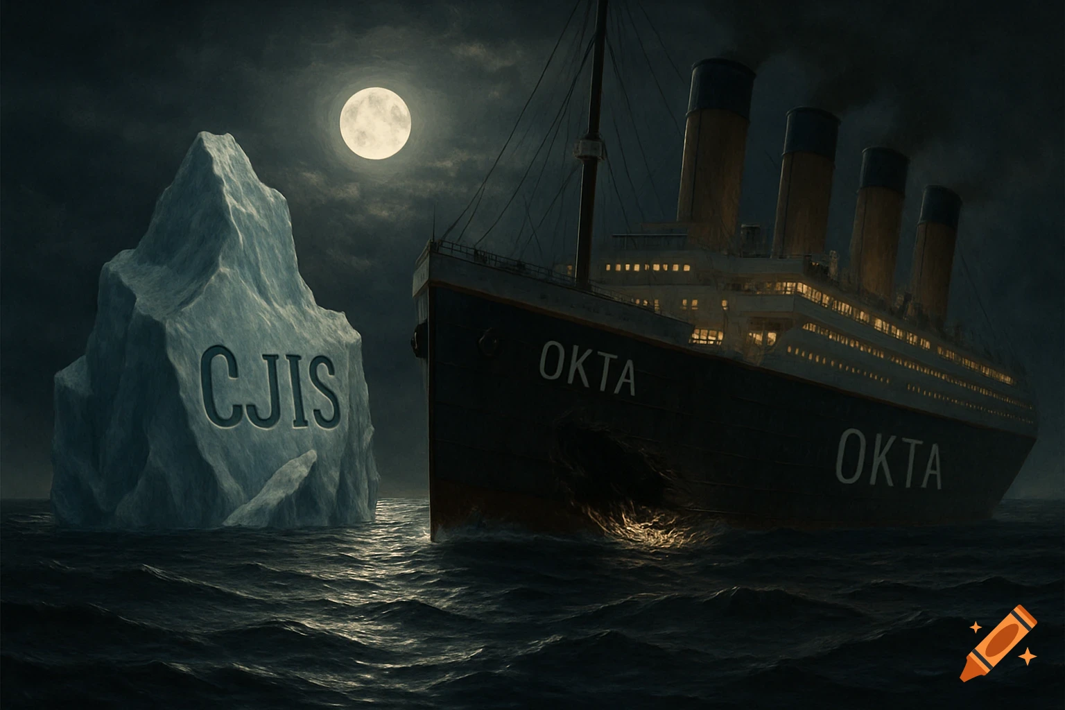 A dramatic, realistic depiction of a Titanic-like ship labeled 'OKTA' with a damaged hull near a 'CJIS' iceberg under a full moon.