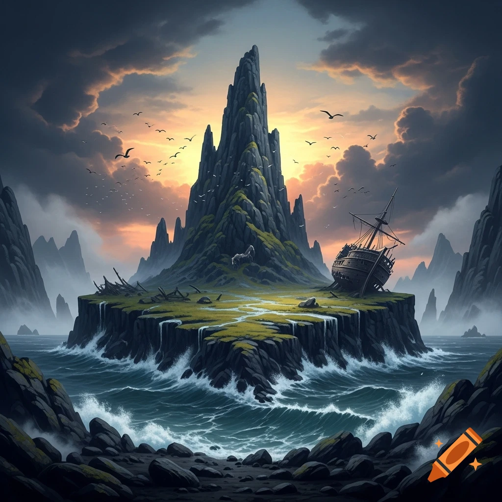 A dramatic fantasy landscape with a towering rocky island, a shipwreck, and turbulent waves under a stormy sunset.