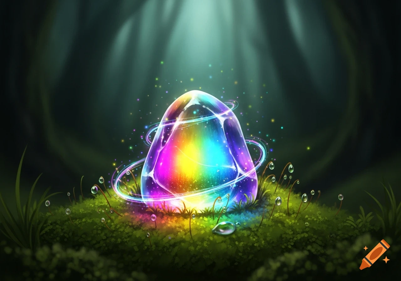 A vibrant rainbow-colored, glowing egg-shaped stone sits on a mossy forest floor, surrounded by sparkling magic and light rays.