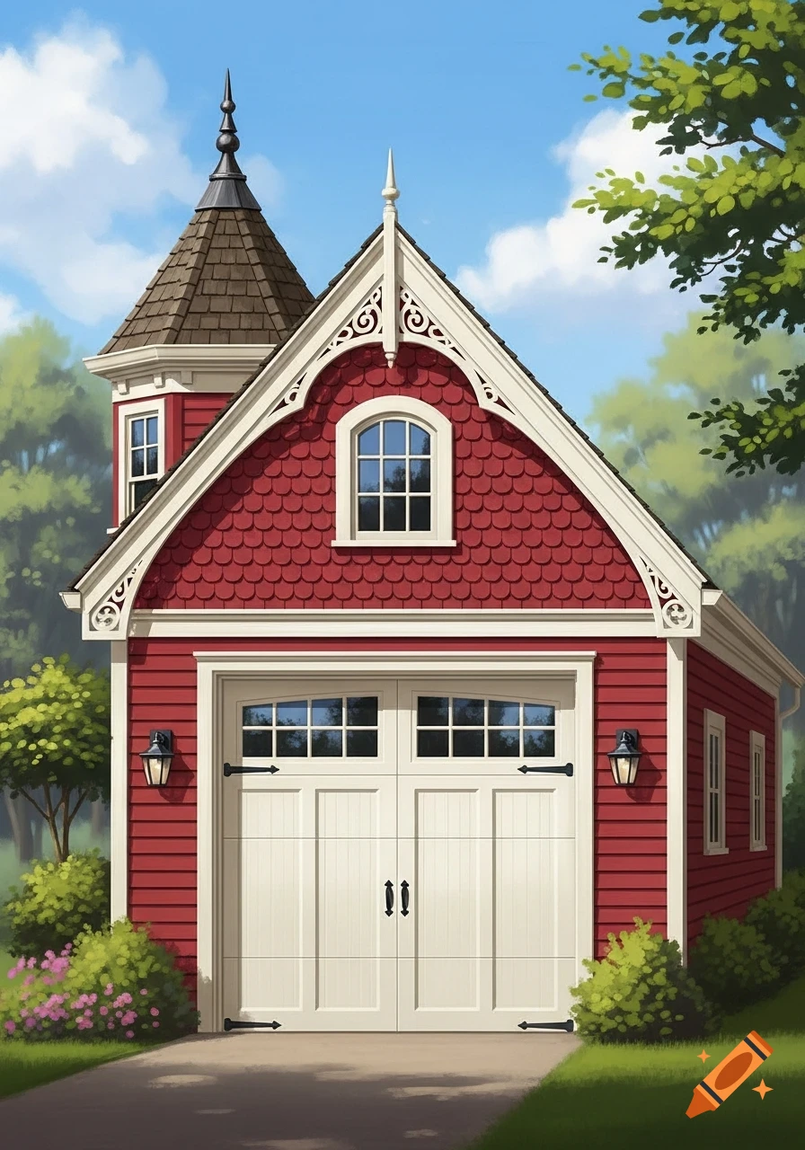 A detailed illustration of a red Victorian-style garage with white fish-scale siding, a white garage door, and a decorative finial, surrounded by lush greenery.