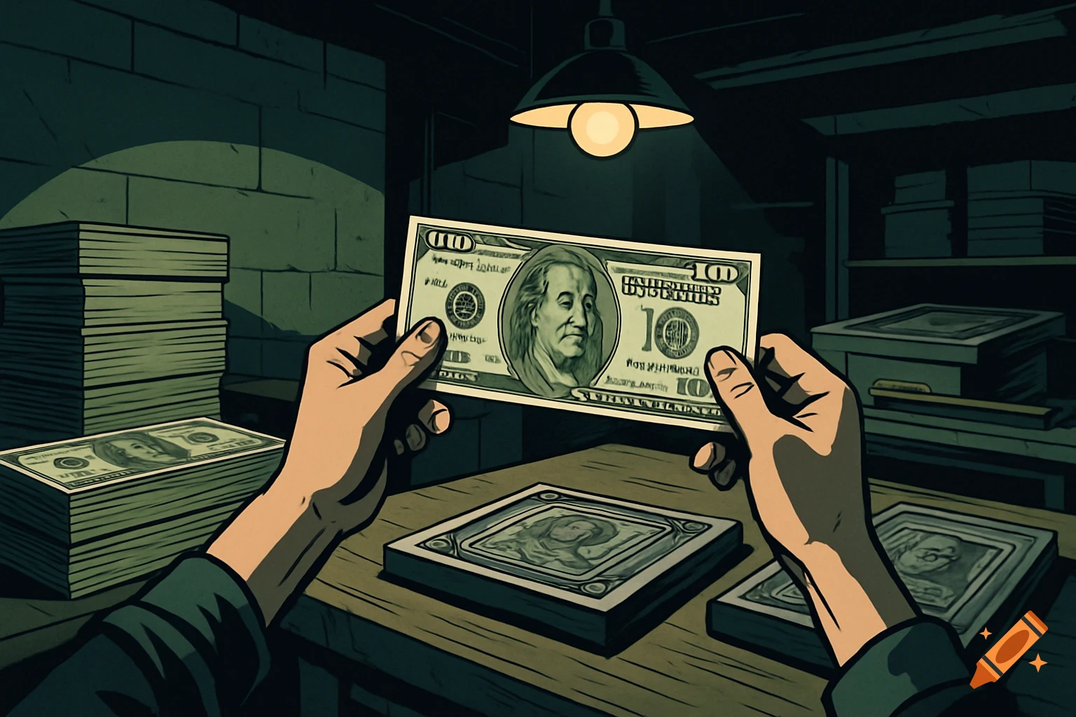 A person's hands hold a hundred-dollar bill in a dimly lit, green-toned workshop with stacks of money and printing plates, in a graphic novel style.