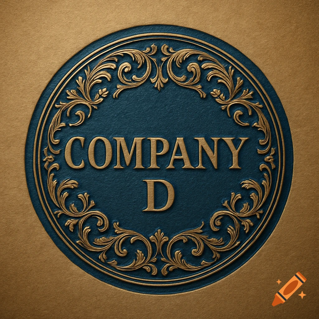 Gold embossed stamp for "COMPANY D" with ornate filigree design on a dark blue circle, set against a golden textured surface.