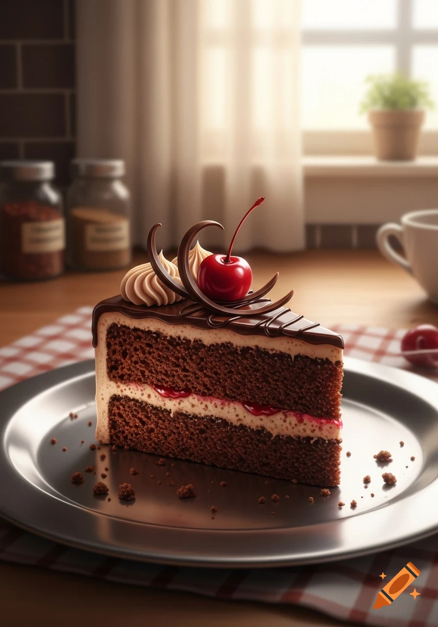 Photorealistic slice of chocolate cake with cherry filling, whipped cream, a cherry, and chocolate curls on a silver plate in a kitchen.