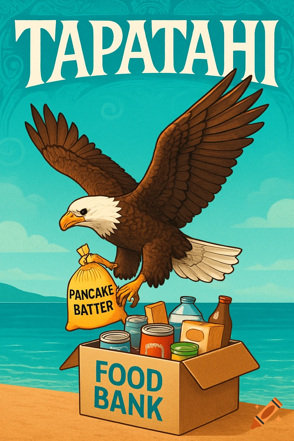 An illustrated poster with 'TAPATAHI' at the top, showing an eagle dropping a bag labeled 'PANCAKE BATTER' into a 'FOOD BANK' box.
