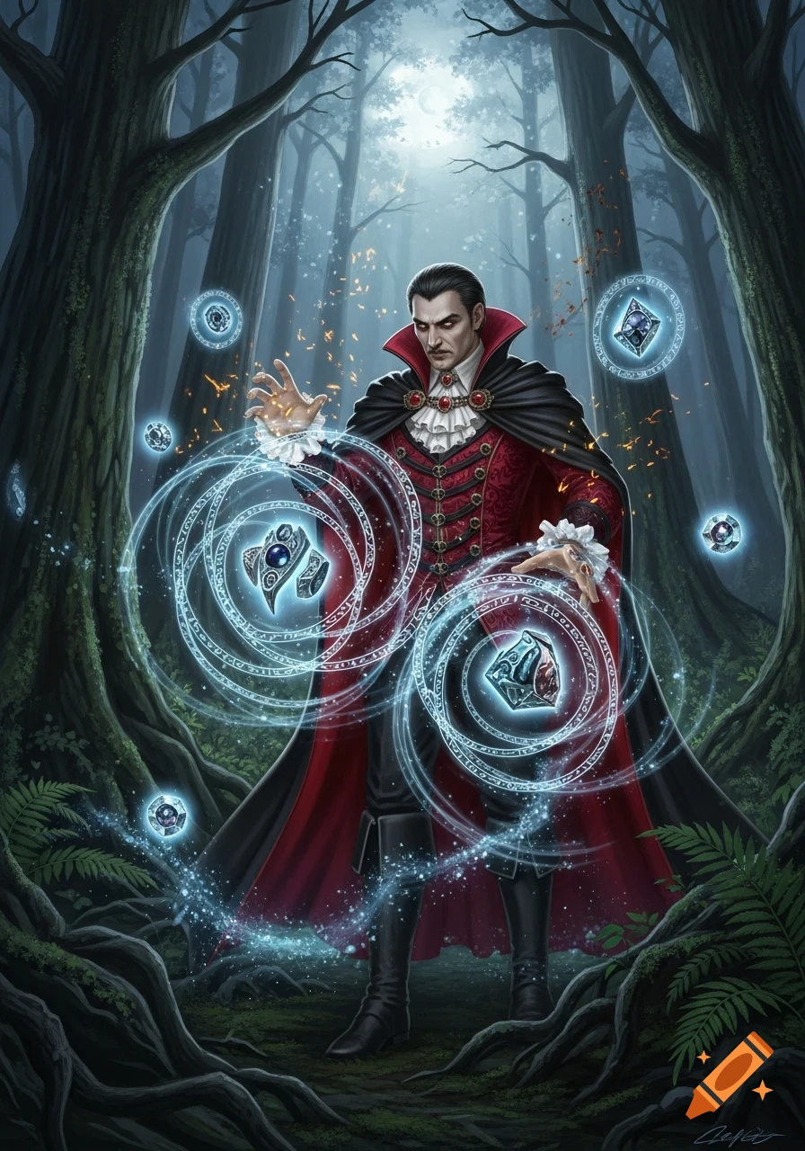 A dark-haired man in a red and black vampire-like costume stands in a mystical forest, conjuring glowing blue sigils and gems.