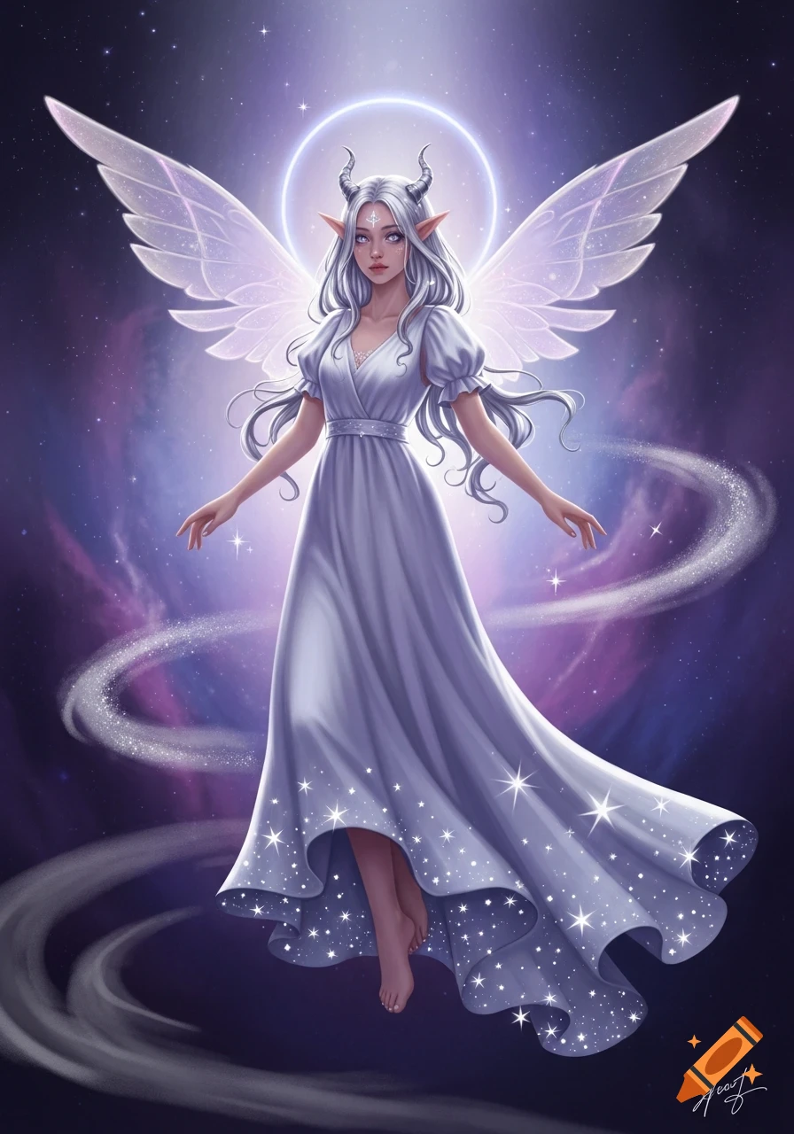 A fantasy woman with white hair, horns, elf ears, and translucent wings, wearing a flowing pale purple dress adorned with stars, floating in a starry galaxy. Digital illustration.