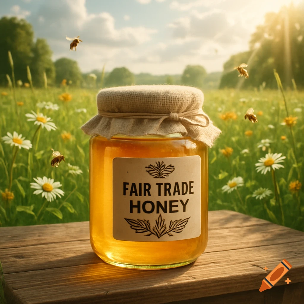 A jar of 'FAIR TRADE HONEY' on a wooden table in a sunlit field of daisies with bees flying, photorealistic.