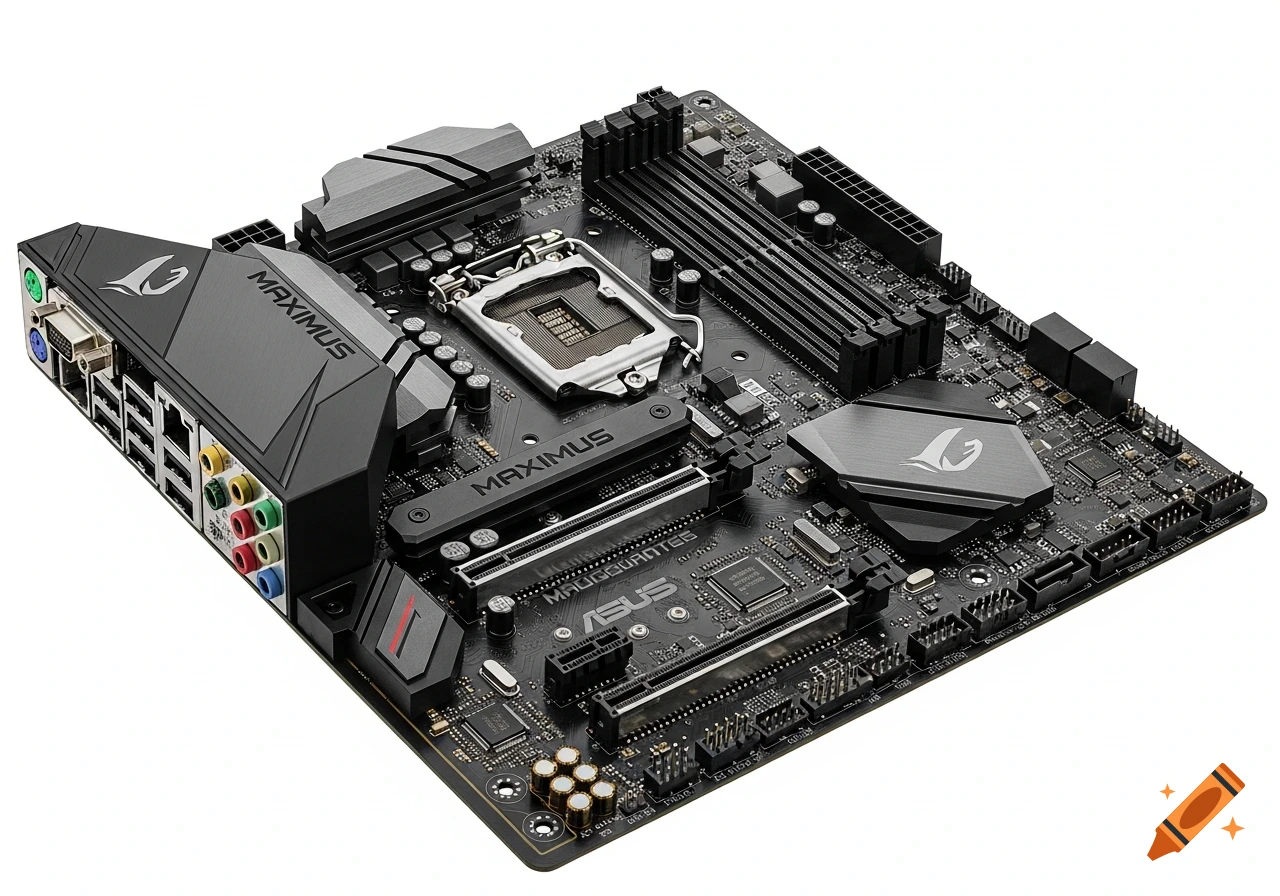 An overhead view of a black ASUS Maximus motherboard with various components and ports against a white background.